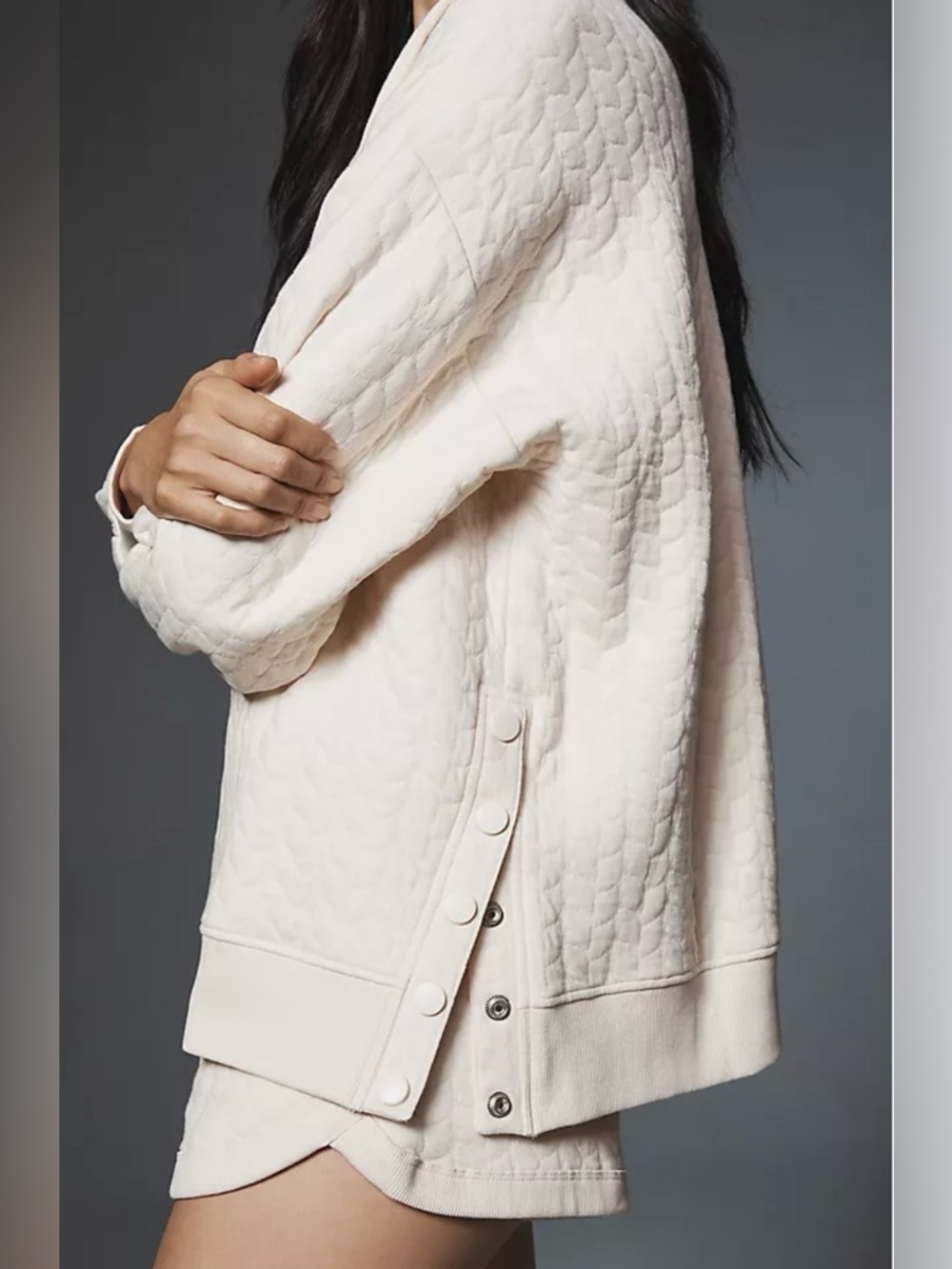 Grey State Cream Quilted Teddy Pullover with Button-Side Detail Long Sleeve XS A